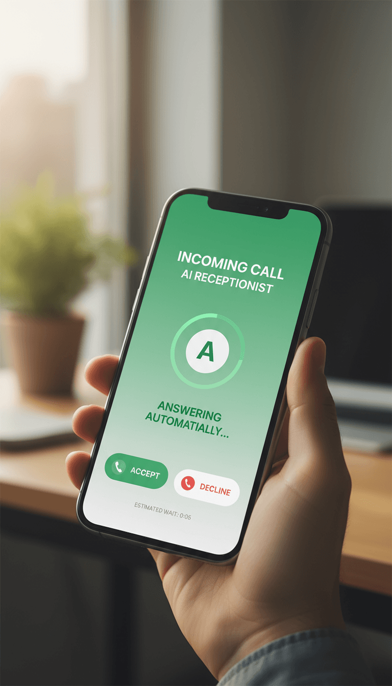 Smartphone screen showing AI receptionist answering an incoming call
