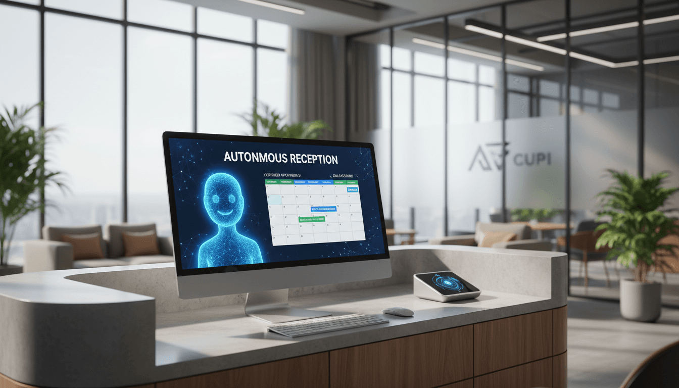 Modern business workspace with calendar and appointment booking system interface