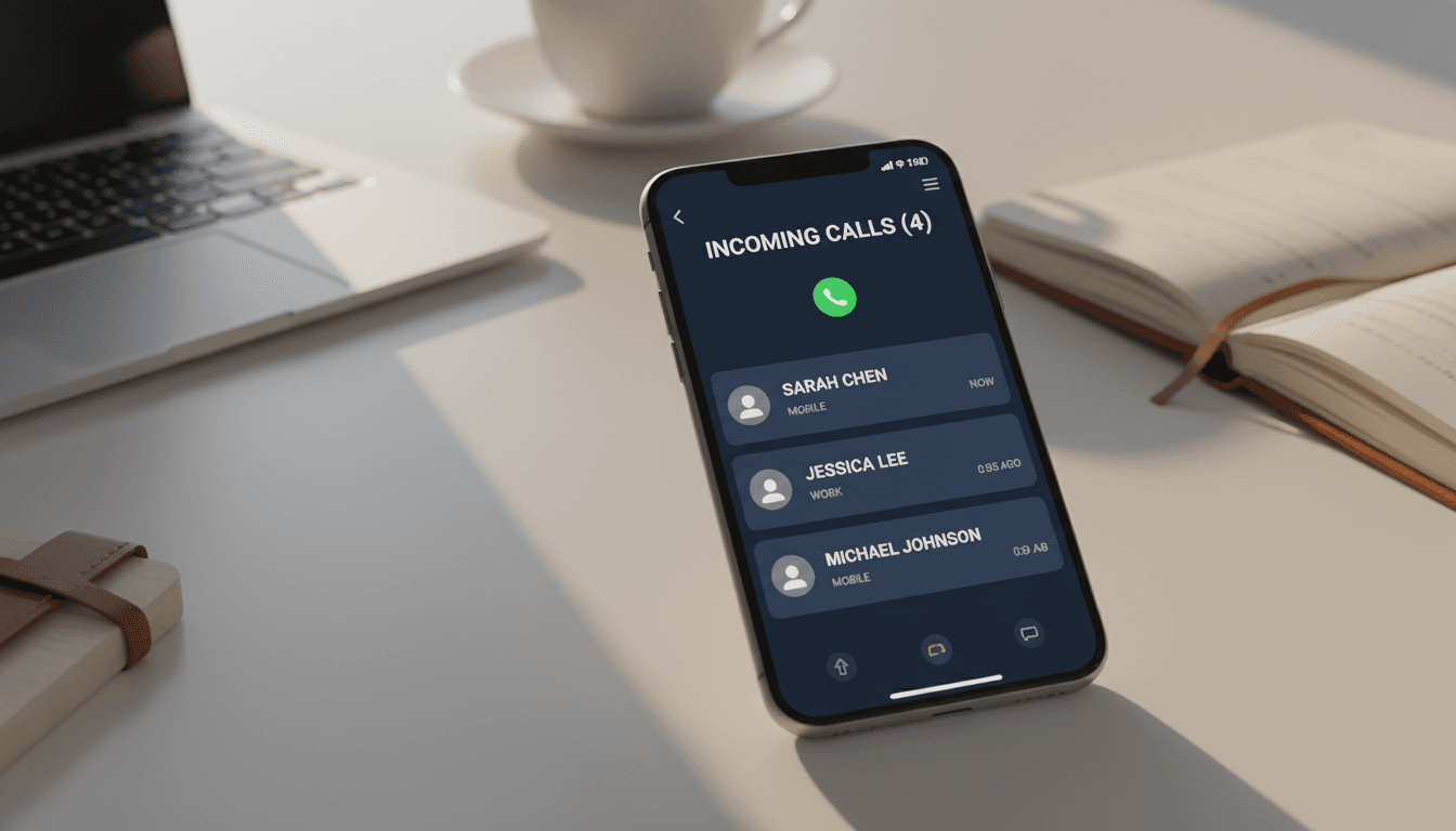 Smartphone showing multiple incoming business calls on a professional desk