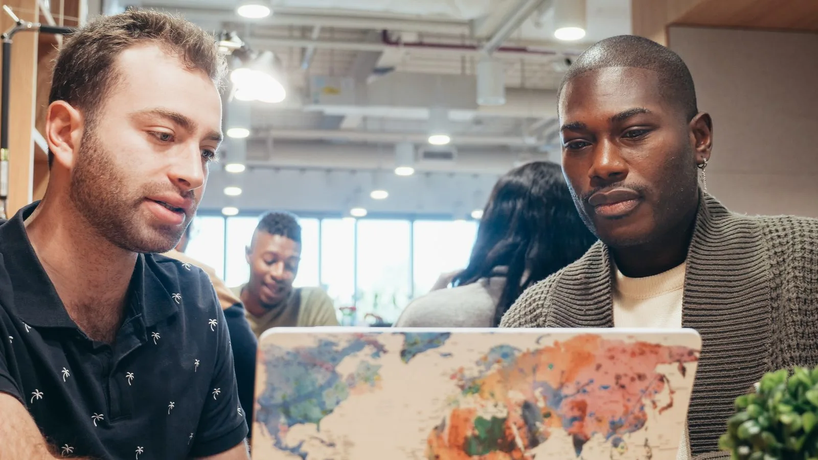 Stock photograph of colleagues reviewing a laptop